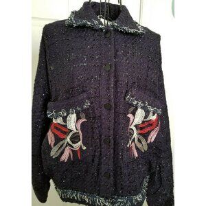 Foxiedox Women's Dark Blue Jacket W/ Metallic Threads & Colorful Embroidery Sz M